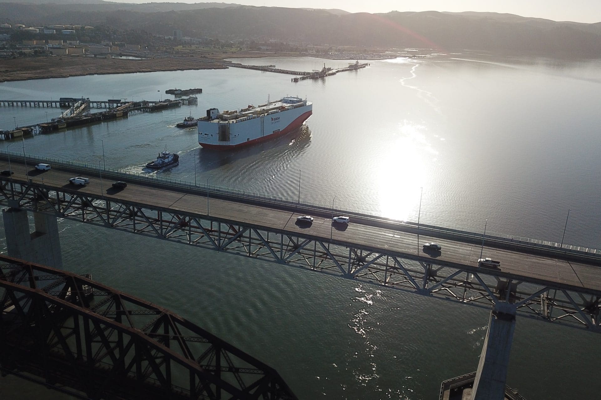 Ship goes under bridge